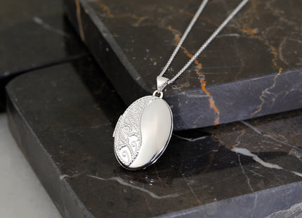 14k White Gold Fancy Half Swirl Design Oval Locket