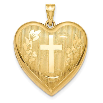 14K Textured and Diamond-cut Floral Cross Ash Holder Heart Locket