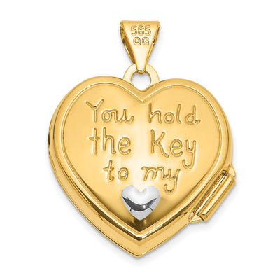 14K and White Rhodium Lock and Key Reverses to YOU HOLD THE KEY TO MY HEART Heart Locket