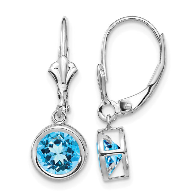 14k White Gold Blue Topaz Leverback Earrings, 25 x 7mm