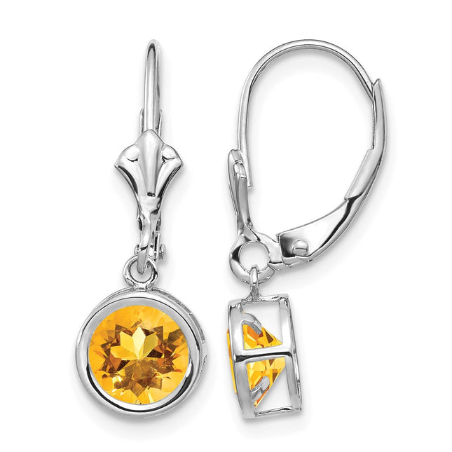 14k White Gold Citrine Leverback Earrings, 25 x 7mm
