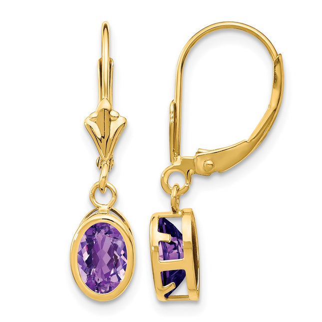 14k Oval Amethyst Leverback Earrings, 27 x 7mm