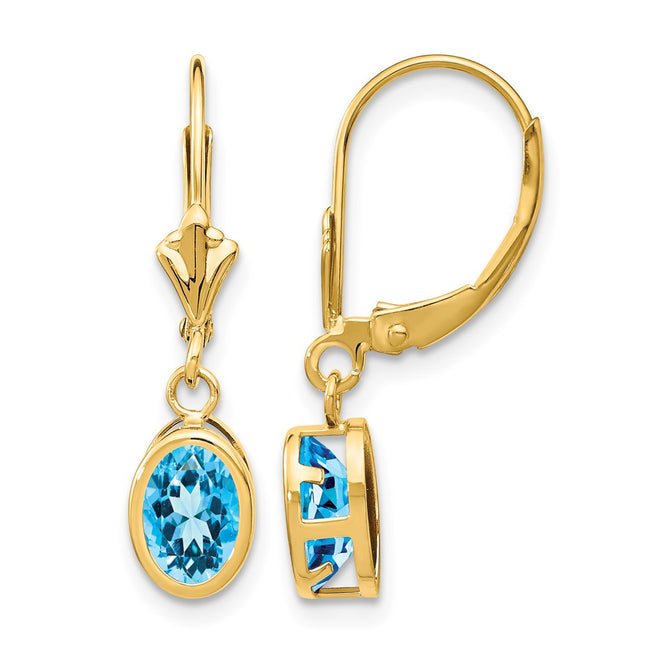 14k Oval Blue Topaz Leverback Earrings, 27 x 7mm