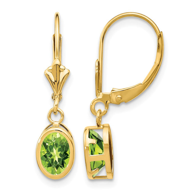 14k Oval Peridot Leverback Earrings, 27 x 6mm