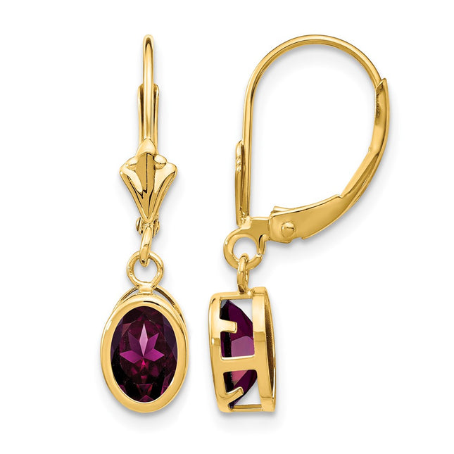 14k Oval Rhodolite Garnet Leverback Earrings, 27 x 7mm