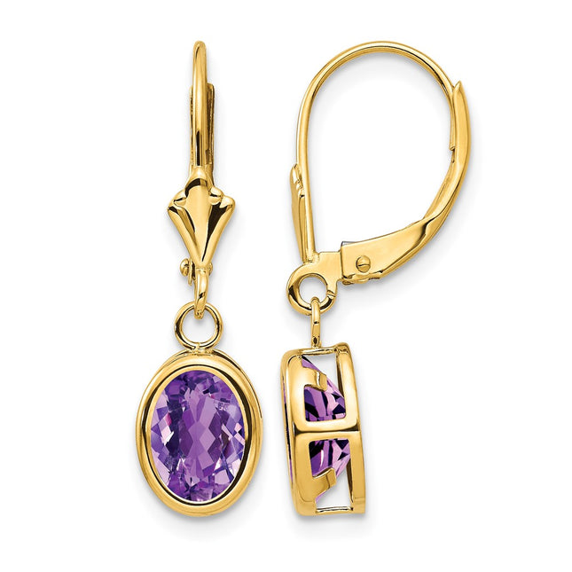 14k Oval Amethyst Leverback Earrings, 27 x 8mm