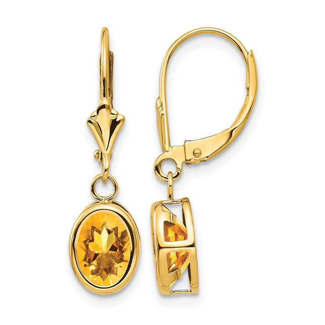 14k Oval Citrine Leverback Earrings, 27 x 8mm