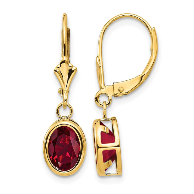 14k Oval Created Ruby Leverback Earrings, 27 x 8mm