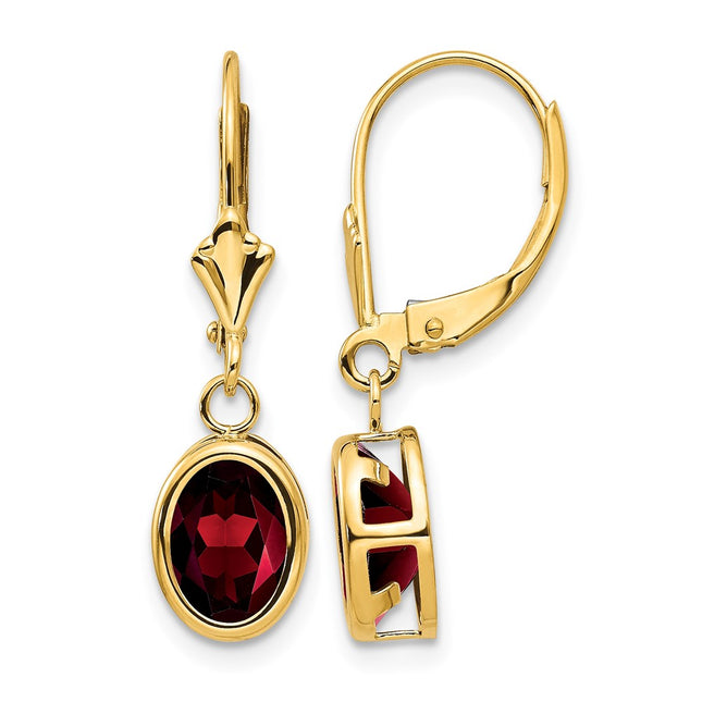 14k Oval Garnet Leverback Earrings, 27 x 8mm