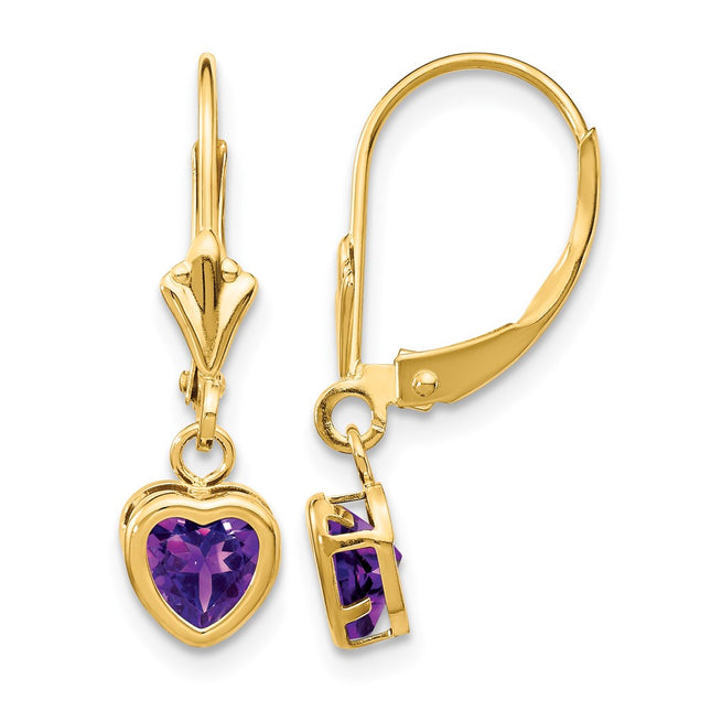 14k Heart Amethyst Earrings, 23 x 6mm