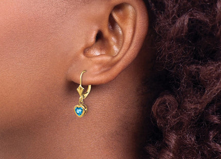 14K gold blue topaz heart earrings, another view