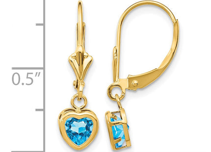 14K gold blue topaz heart earrings, further view