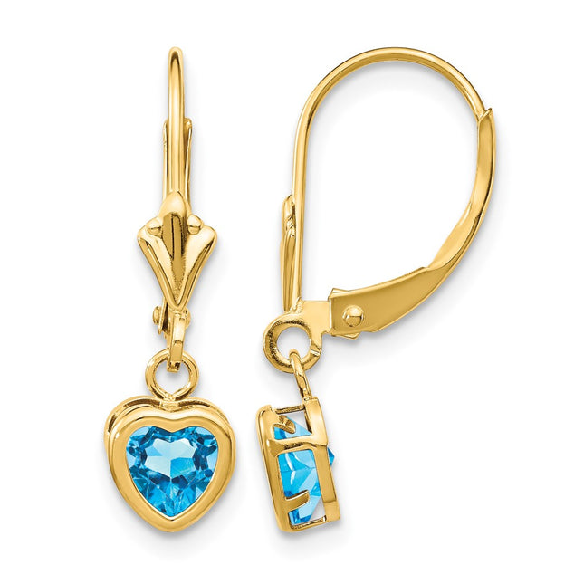 14k Heart Blue Topaz Earrings, 23 x 6mm