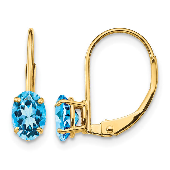 14k Oval Blue Topaz Leverback Earrings, 16 x 4mm