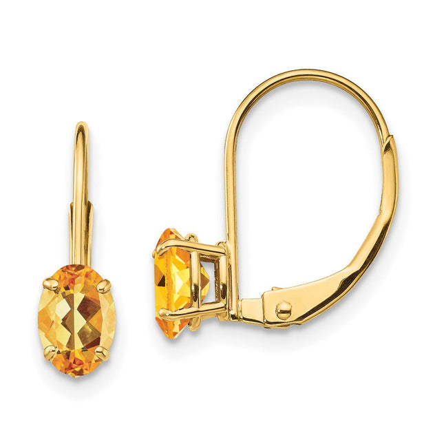 14k Oval Citrine Leverback Earrings, 16 x 4mm