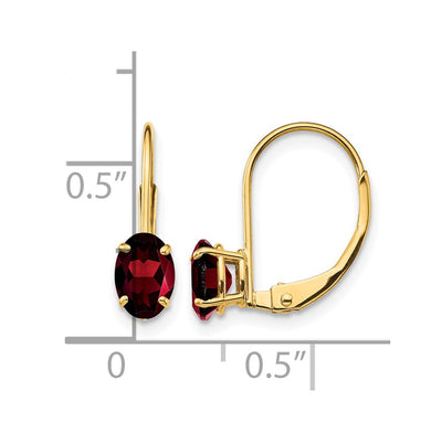 14K Oval Garnet Leverback Earrings, 16 x 4mm