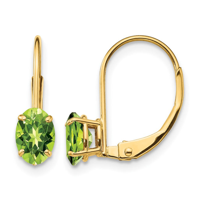 14k Oval Peridot Leverback Earrings, 16 x 4mm