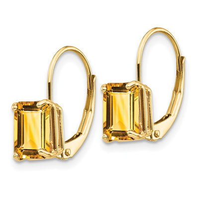 14K Emerald Cut Citrine Leverback Earrings