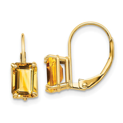 14K Emerald Cut Citrine Leverback Earrings