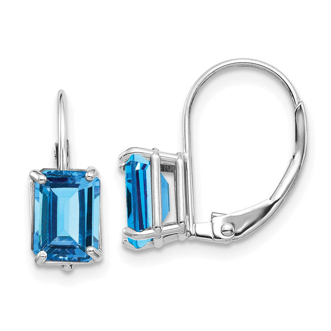 14k White Gold Emerald Cut Blue Topaz Earrings, 15 x 5mm