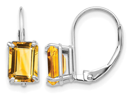 14k White Gold Emerald Cut Citrine Earrings, 13 x 5mm