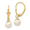 14k 6- White Round Freshwater Cultured Pearl Dangle Leverback Earrings