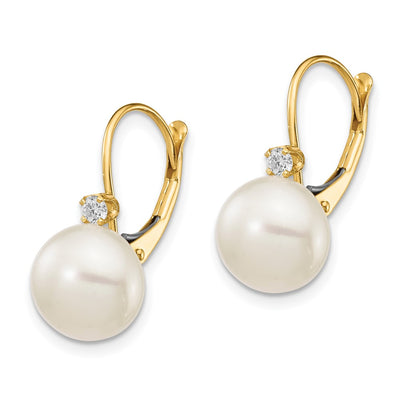 14K White Button Freshwater Cultured Pearl and .10 Carat Diamond Leverback Earrings