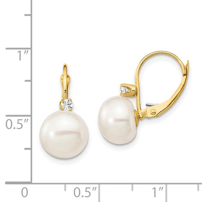 14K White Button Freshwater Cultured Pearl and .10 Carat Diamond Leverback Earrings