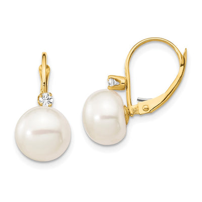 14K White Button Freshwater Cultured Pearl and .10 Carat Diamond Leverback Earrings