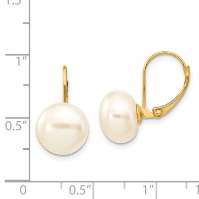 14K White Button Freshwater Cultured Pearl Leverback Earrings