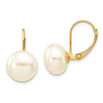 14K White Button Freshwater Cultured Pearl Leverback Earrings