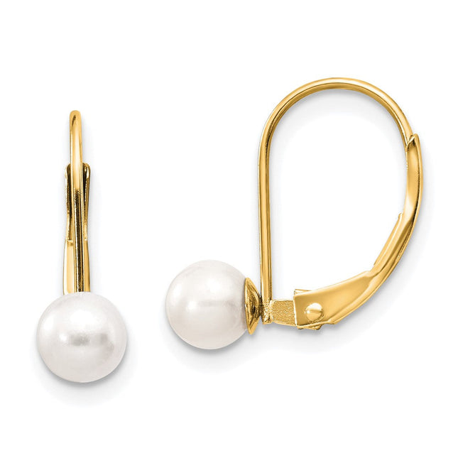 14k 5- White Round Freshwater Cultured Pearl Leverback Earrings, 16.5 x 5 to 6mm