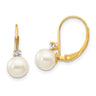 14k 6- White Round FW Cultured Pearl AA Diamond Leverback Earrings