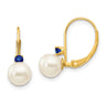 14k 6- White Round FW Cultured Pearl Sapphire Leverback Earrings