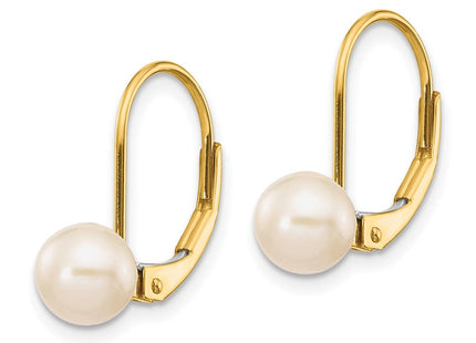 14k 6- White Round Freshwater Cultured Pearl Leverback Earrings (Style XLB65PL)