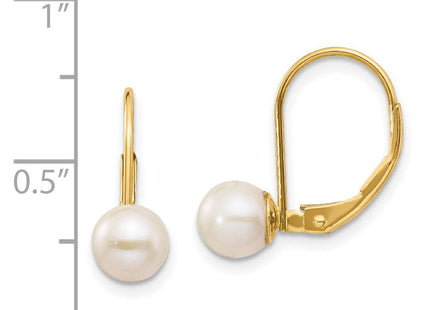 14k 6- White Round Freshwater Cultured Pearl Leverback Earrings (Style XLB65PL)