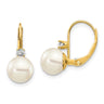 14k 7- Whtie Round FW Cultured Pearl AA Diamond Leverback Earrings