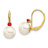 14k 7- White Round FW Cultured Pearl Ruby Leverback Earrings