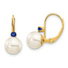 14k 7- White Round FW Cultured Pearl Sapphire Leverback Earrings