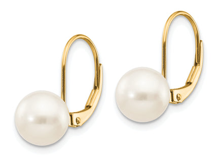 14K 8- White Round Freshwater Cultured Pearl Leverback Earrings, 15 x 8mm
