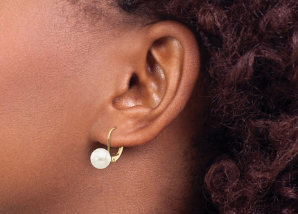 14K 8- White Round Freshwater Cultured Pearl Leverback Earrings, 15 x 8mm