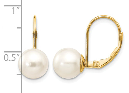 14K 8- White Round Freshwater Cultured Pearl Leverback Earrings, 15 x 8mm