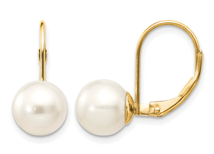 14K 8- White Round Freshwater Cultured Pearl Leverback Earrings, 15 x 8mm