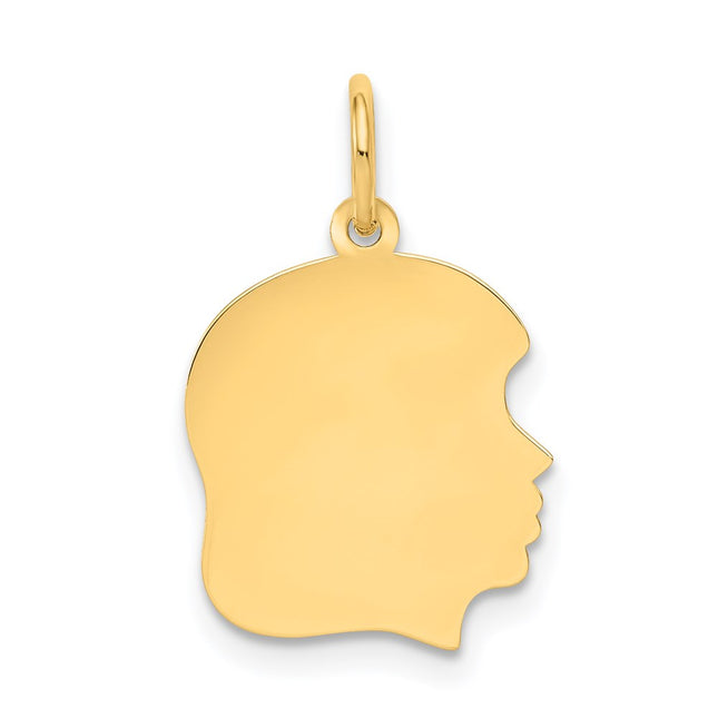 14k Plain Medium .027 Gauge Facing Right Engravable Girl Head Charm, 22 x 13mm