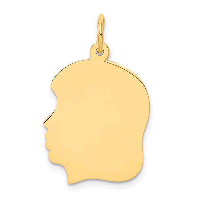 14k Plain Medium .027 Gauge Facing Left Engravable Girl Head Charm, 27 x 17mm