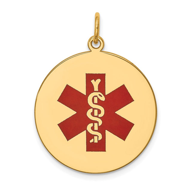 14k Round Red Enameled Medical Jewelry Pendant, 30 x 22mm