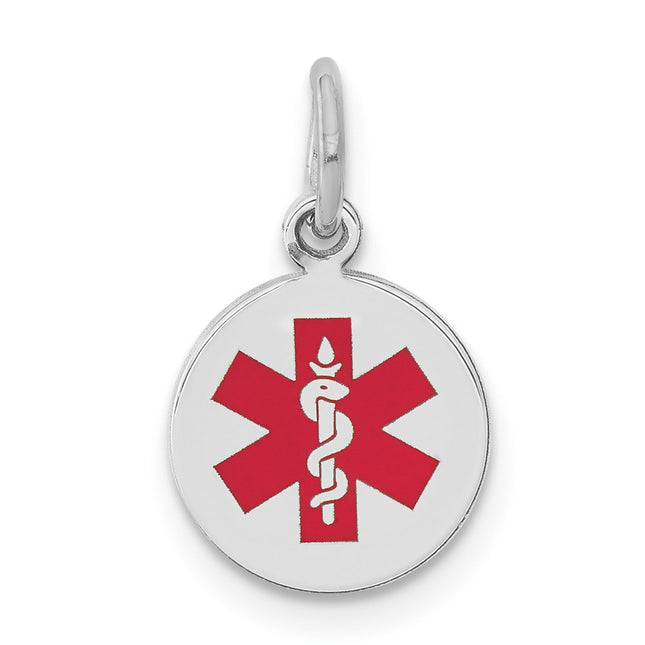 14k White Gold Round Red Enameled Medical Jewelry Pendant, 15 x 9.7mm