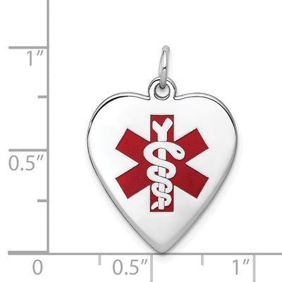 14K White Gold Heart-Shaped Red Enameled Medical Jewelry Pendant, 26 x 19mm