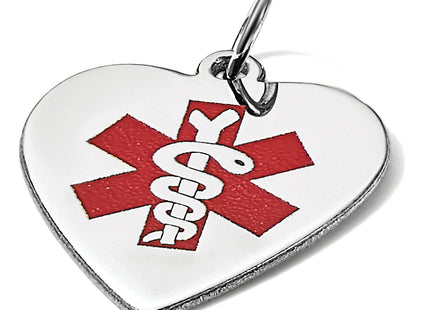 14k White Gold Heart-Shaped Red Enameled Medical Jewelry Pendant, 26 x 19mm