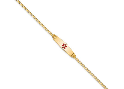 14K Medical Solid Chain/Solid Plate Soft Diamond Shape Centered Red Enamel Curb Link ID Bracelet (Style XM551CC-7)